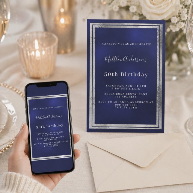 Invitation Bleu marine argent anniversaire (Créateur téléchargé)