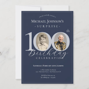 Invitation Bleu Marine Argent Photo Surprise 100e Anniversair