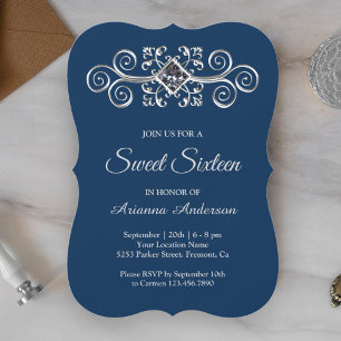 Invitation Bleu marine argenté flourish Sweet Sixteen diamant