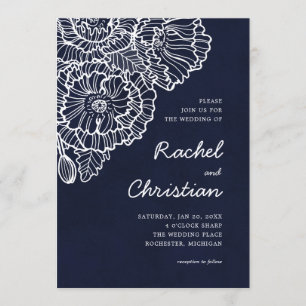 Invitation Bleu marine avec ligne blanche art fleurs de coque