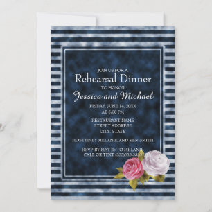 Invitation Bleu marine blanc rayé floral vintage répétition