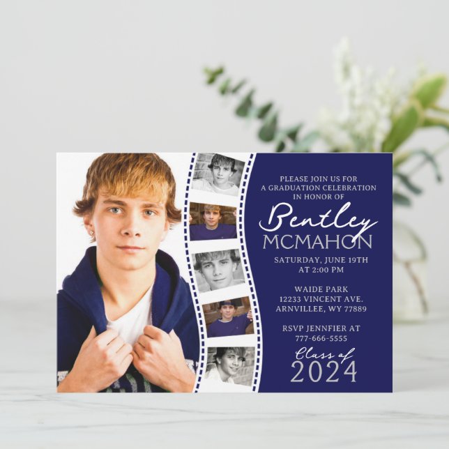 Invitation Bleu Marine & Blancs Filmstrip 6 Photo Graduation  (Debout devant)