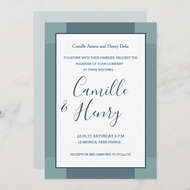 Invitation bleu marine bleu turquoise élégant mariage moderne (Devant / Derrière)