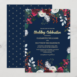 Invitation Bleu Marine Bourgogne Mariage de la Bloom Rouge