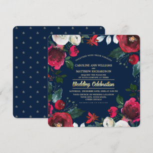 Invitation Bleu Marine   Bourgogne Red Bloom Wedding Invitati