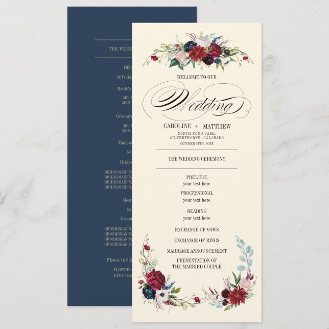 Invitation Bleu marine | Bourgogne Red Floral Wedding Program (Devant / Derrière)