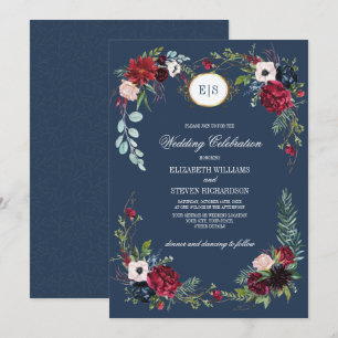 Invitation Bleu marine   Burgundy Bloom Watercolor Mariage