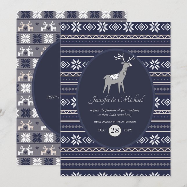 Invitation Bleu marine cerf art folklorique de Noël TOUT ÉVÉN (Devant / Derrière)
