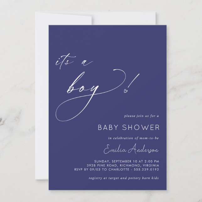 Invitation Bleu Marine | Cute Simple C'est un Baby shower gar (Devant)