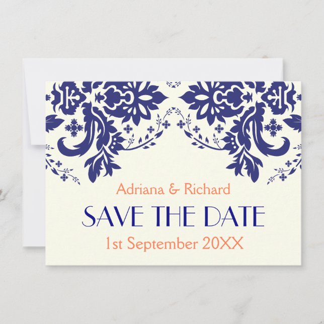 Invitation Bleu marine damassé, mariage corail Save the Date (Devant)