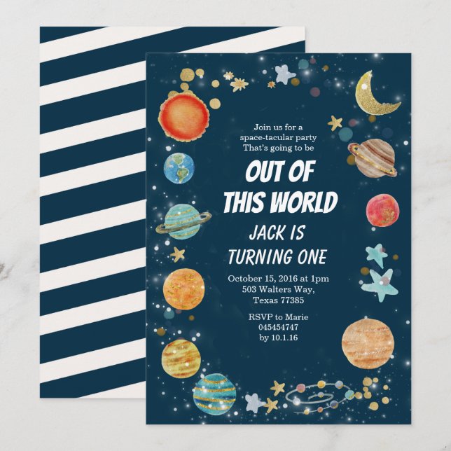 Invitation Bleu marine d'anniversaire de planète de partie de (Devant / Derrière)