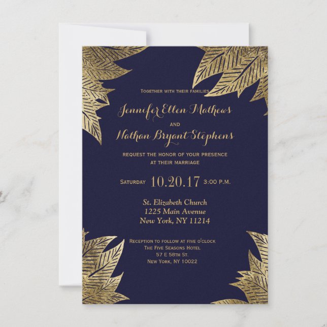 Invitation Bleu marine élégant et motif de feuille dessiné (Devant)