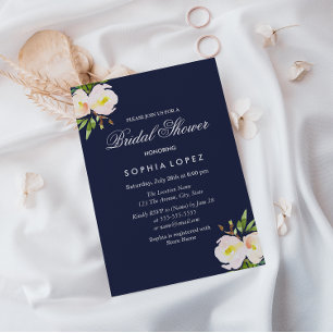 Invitation Bleu marine Elégant Floral Bridal Showboat Invitat