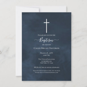 Invitation Bleu marine et blanc croix moderne baptême  
