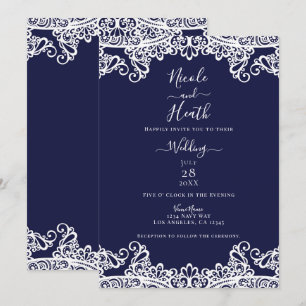 Invitation Bleu marine et dentelle blanche mariage élégant