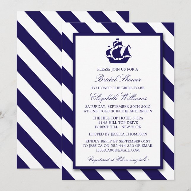 Invitation Bleu marine et Fête des mariées marine (Devant / Derrière)