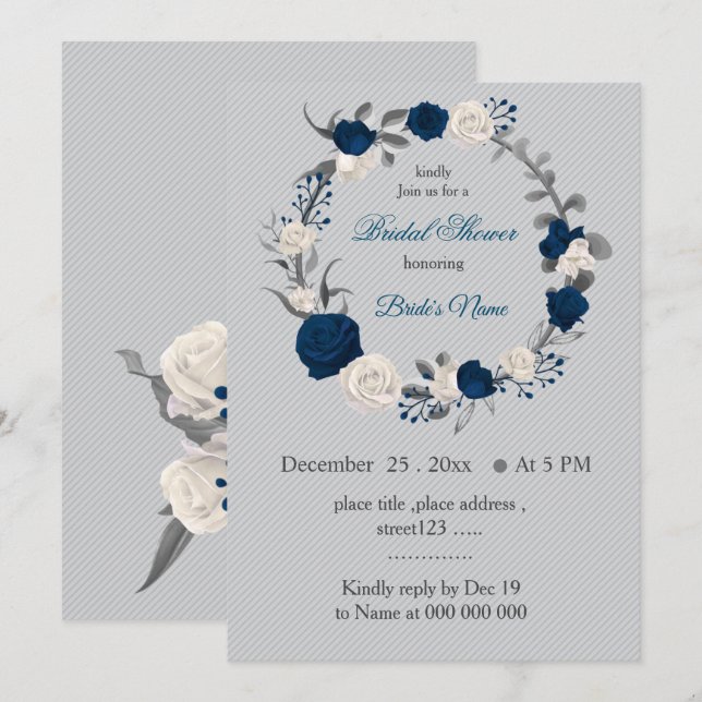 Invitation bleu marine et fleurs blanches wreath douche nupti (Devant / Derrière)