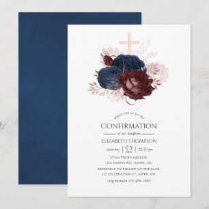 Invitation Bleu marine et floral bordeaux de confirmation