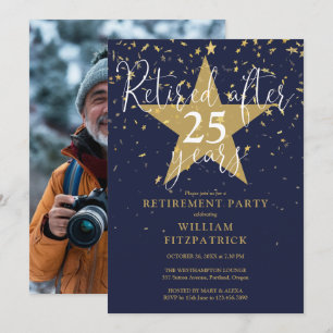 Invitation Bleu Marine et Gold Stars Photo Retraite Party