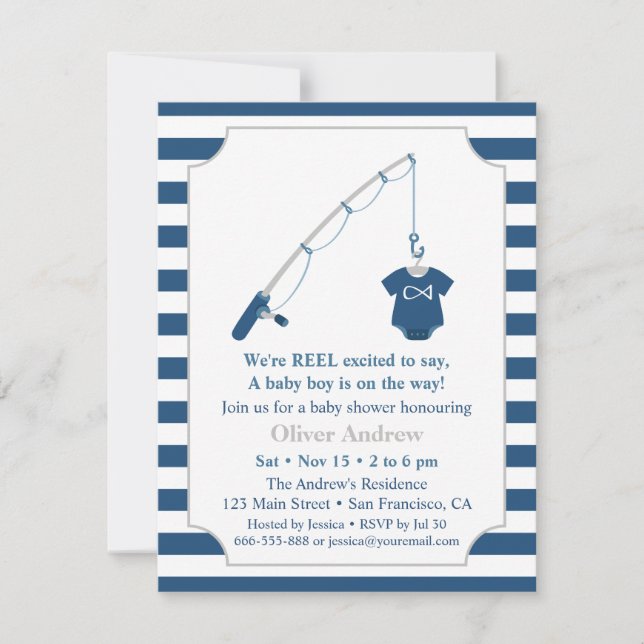 Invitation Bleu marine et gris pêchant le baby shower orienté (Devant)