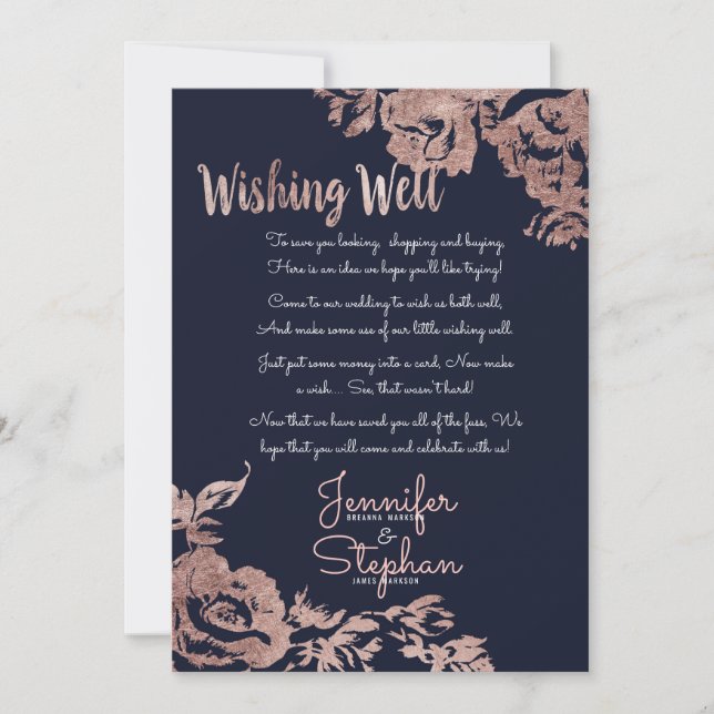 Invitation Bleu marine et or Rose Floral Wishing well (Devant)