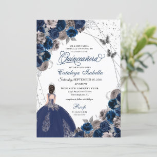 Invitation Bleu marine et papillon argenté princesse Quincean