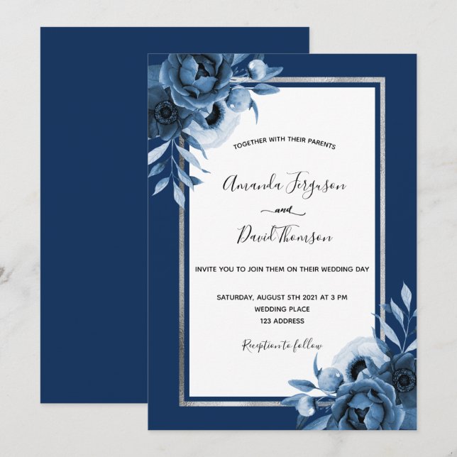 Invitation bleu marine flancs blancs argent chic mariage (Devant / Derrière)
