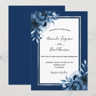 Invitation bleu marine flancs blancs argent chic mariage