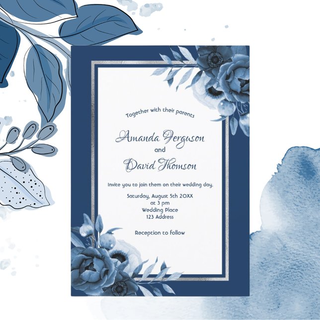 Invitation bleu marine flancs blancs argent mariage (Créateur téléchargé)