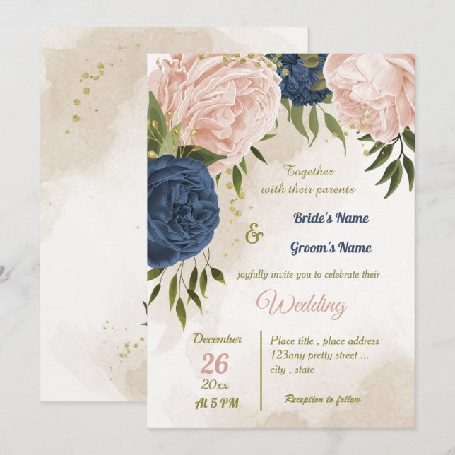 Invitation bleu marine fleurs vert feuille mariage (Devant / Derrière)