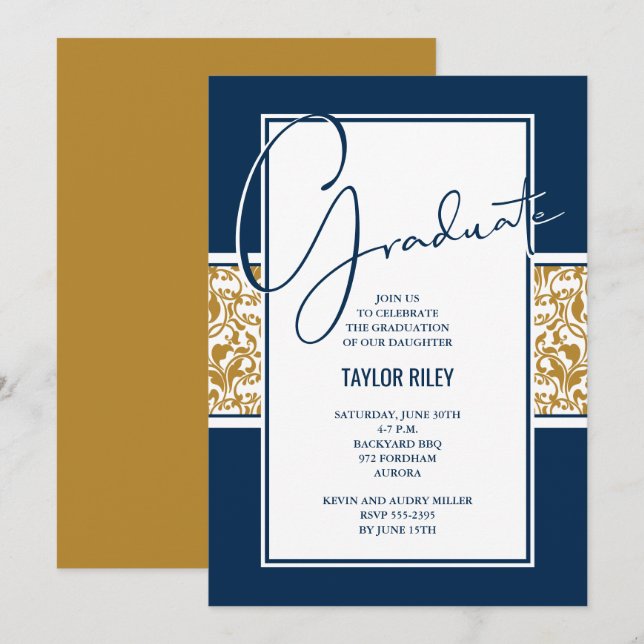 Invitation Bleu Marine Gold Damask Graduation (Devant / Derrière)