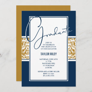 Invitation Bleu Marine Gold Damask Graduation