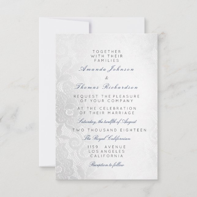 Invitation Bleu marine gris argent dentelle floral mariage (Devant)