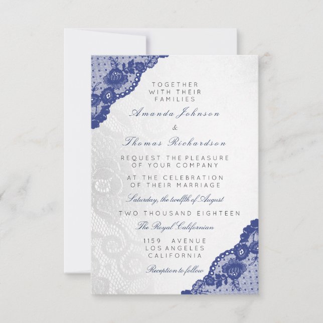 Invitation Bleu marine gris argent dentelle mariage délicat (Devant)