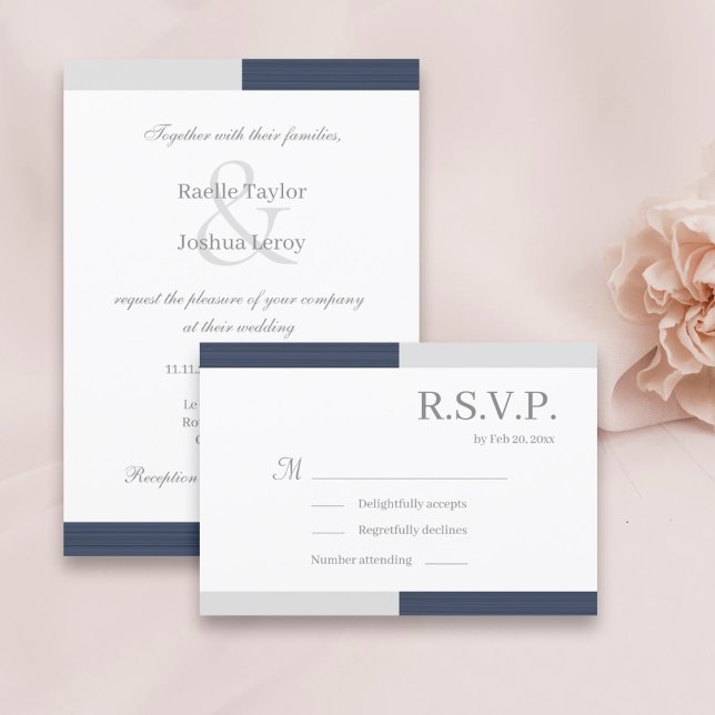 Invitation Bleu marine gris blanc rayures élégant mariage RSV (Créateur téléchargé)