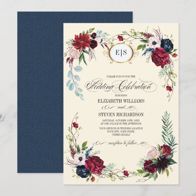Invitation Bleu marine | Mariage d'aquarelle florale de Bourg (Devant / Derrière)