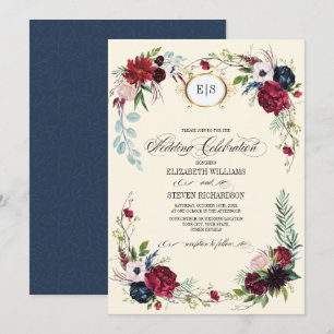 Invitation Bleu marine Mariage d'aquarelle florale de Bourg