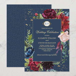 Invitation Bleu marine Mariage d'aquarelle florale de Bourg