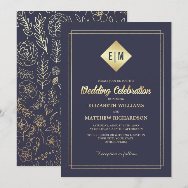 Invitation Bleu Marine | Mariage de modèle Floral Or (Devant / Derrière)