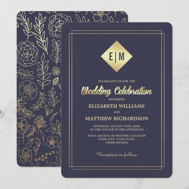 Invitation Bleu Marine | Mariage de modèle Floral Or (Devant / Derrière)