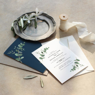 Invitation bleu marine mariage Eucalyptus simple moderne