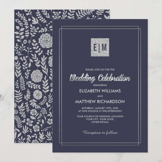 Invitation Bleu Marine | Mariage floral argenté (Devant / Derrière)