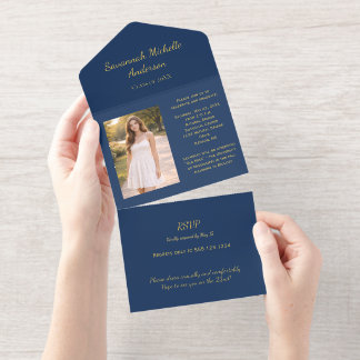 Invitation Bleu marine Or Feuille Photo Diplômé Tout En Un