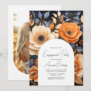 Invitation Bleu marine, orange brûlé, Champagne Fiançailles
