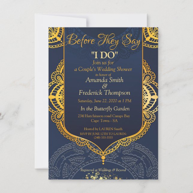 Invitation Bleu marine ou violet avec Mandalas or (Devant)