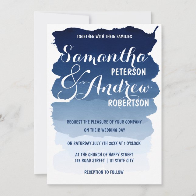 Invitation Bleu marine rayures aquarelle ombre mariage (Devant)