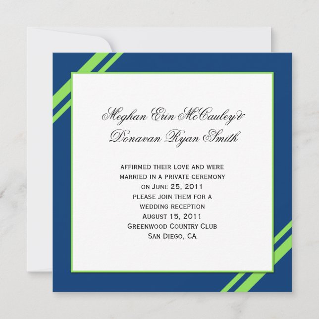 Invitation Bleu marine rayures vert citron Post mariage (Devant)