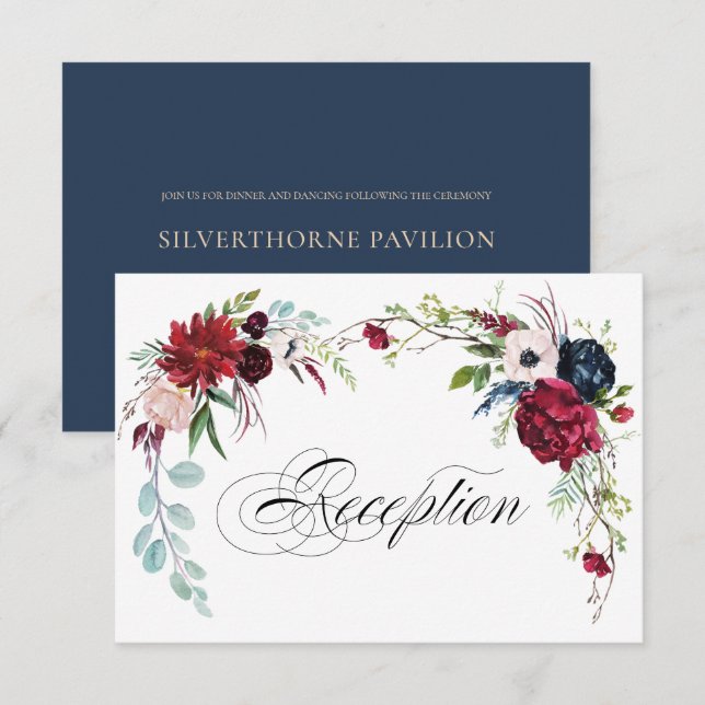 Invitation Bleu Marine | Réception de mariage floral Bourgogn (Devant / Derrière)