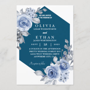 Invitation bleu marine rose et feuille