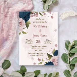 Invitation bleu marine rose fleurs botanique anniversaire